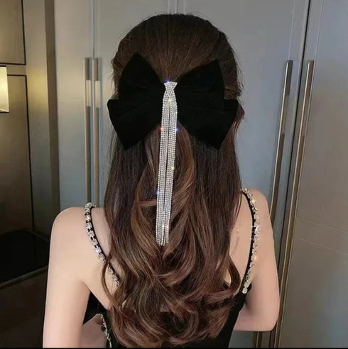 Long Rhinestones Tassel Bow Hair Clip